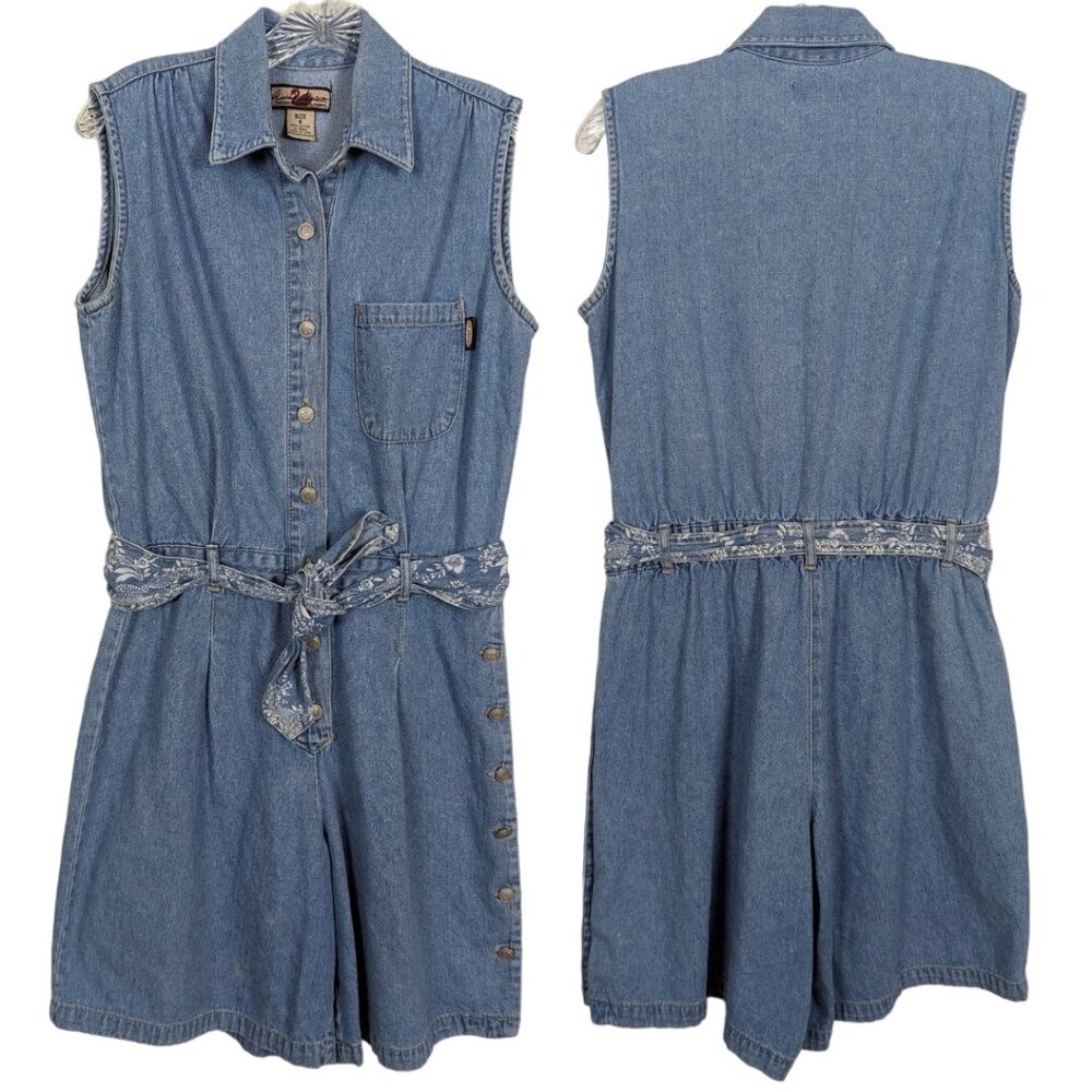 Gloria Vanderbilt Vintage Sleeveless belt elastic waist denim romper‎ jumpsuit S